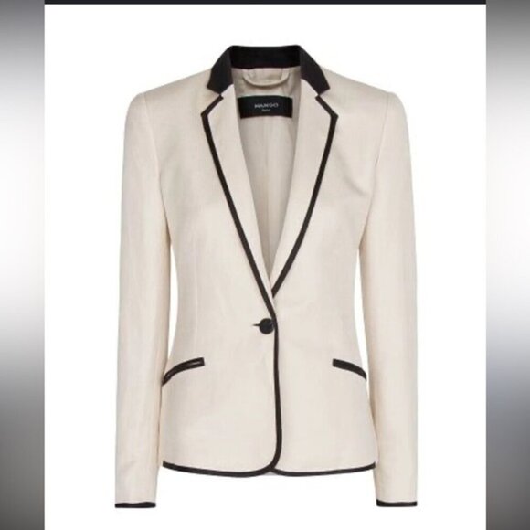 Mango MNG Tan W/ Black Trim Linen Blend One Button Blazer Jacket Womens Size 6 - Picture 1 of 7